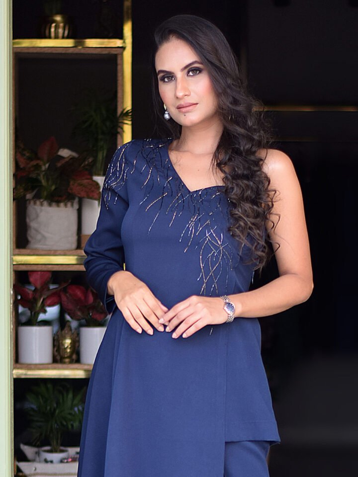 Navy Blue co-ord set with asymetric cut.