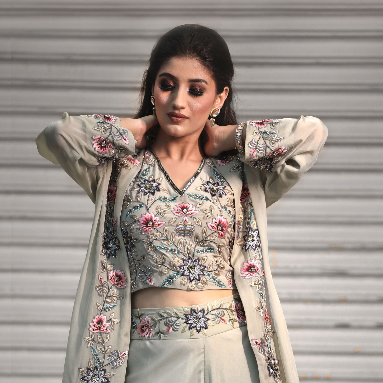 Oraganza jacket with sleve less embroired blouse with glare pallazo pants — alternate view 2