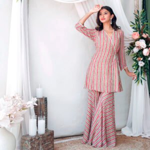 Printed angrakha kurta with bais cut gharara with delicate hand embroidery