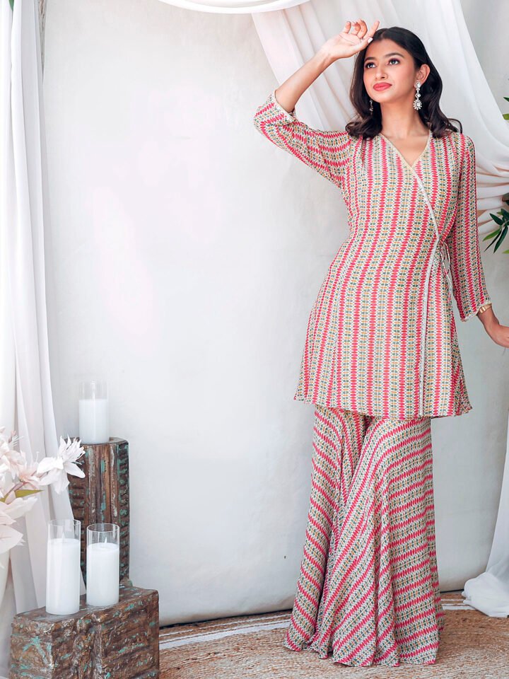 Printed angrakha kurta with bais cut gharara with delicate hand embroidery