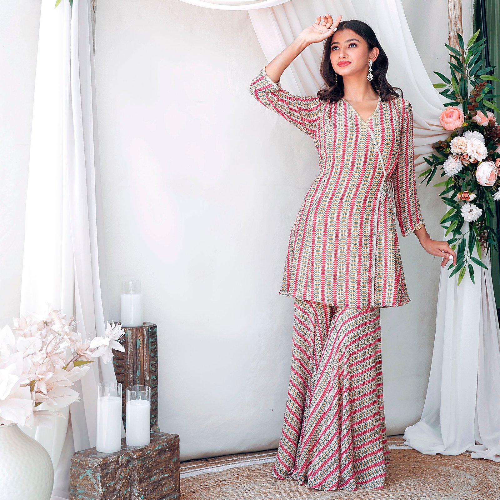 Printed angrakha kurta with bais cut gharara with delicate hand embroidery