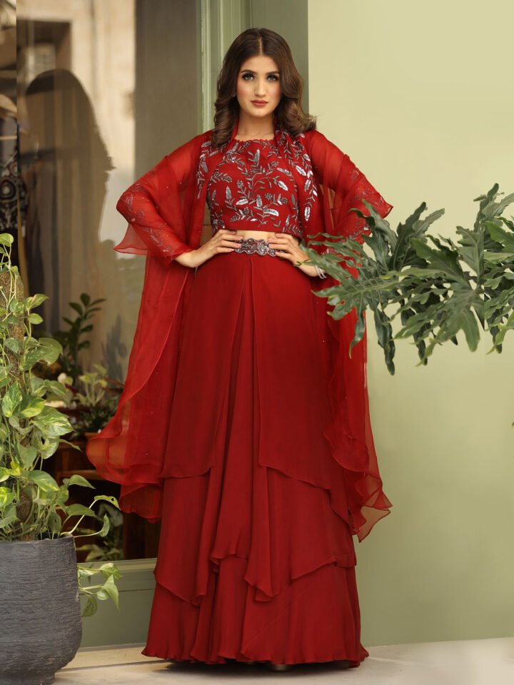Layered Lehenga, blouse set in burnt red with Belt & ruffled organza dupatta — alternate view 3