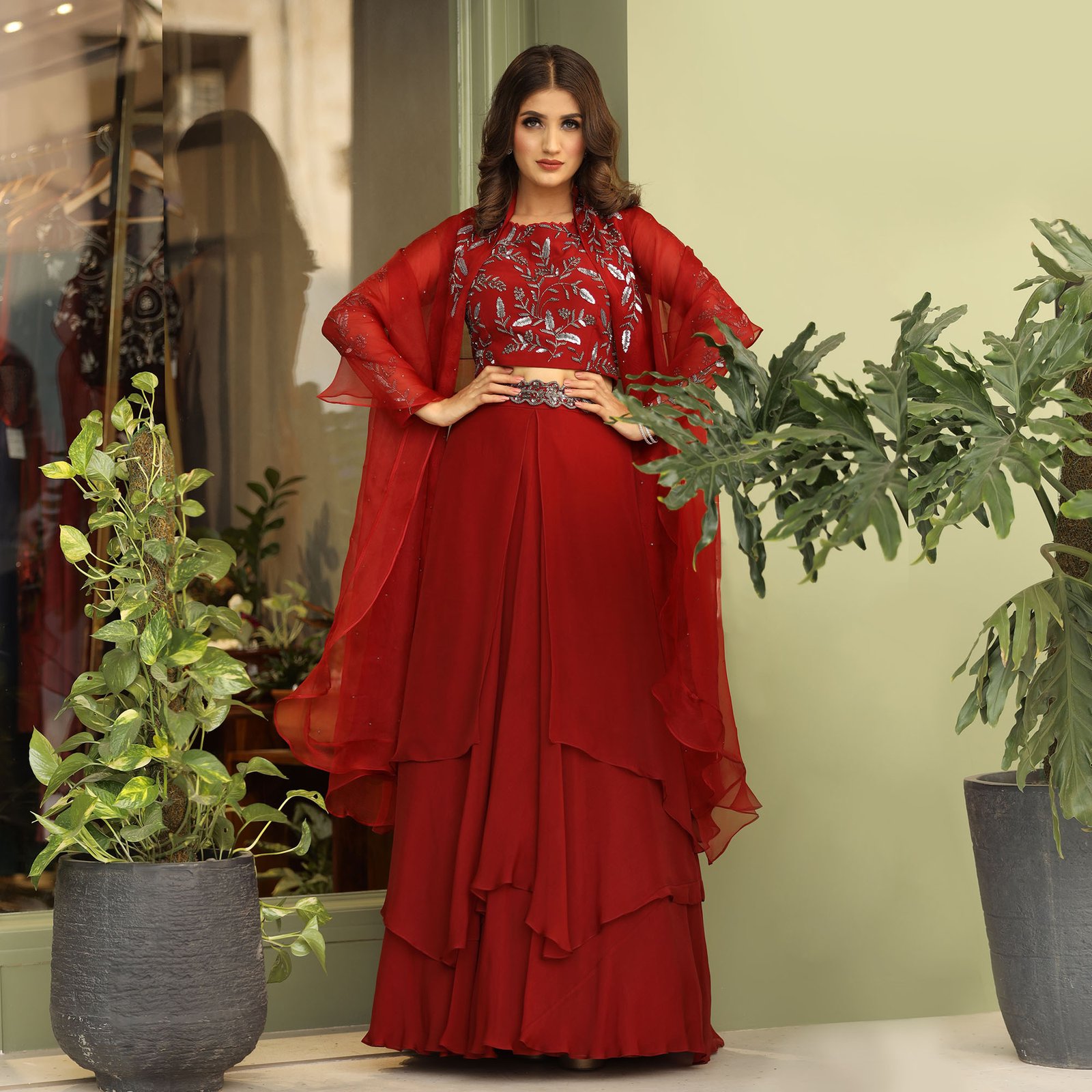 Layered Lehenga, blouse set in burnt red with Belt & ruffled organza dupatta — alternate view 3