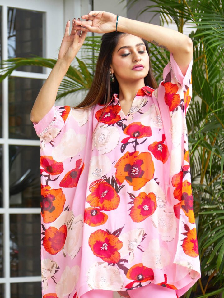 Printed co-ord set- kaftan style top with lycra fitted pants & bustier — alternate view 2