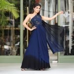 Off shoulder hand embroidered Saree drape Dress in Navy and black Ombray effect