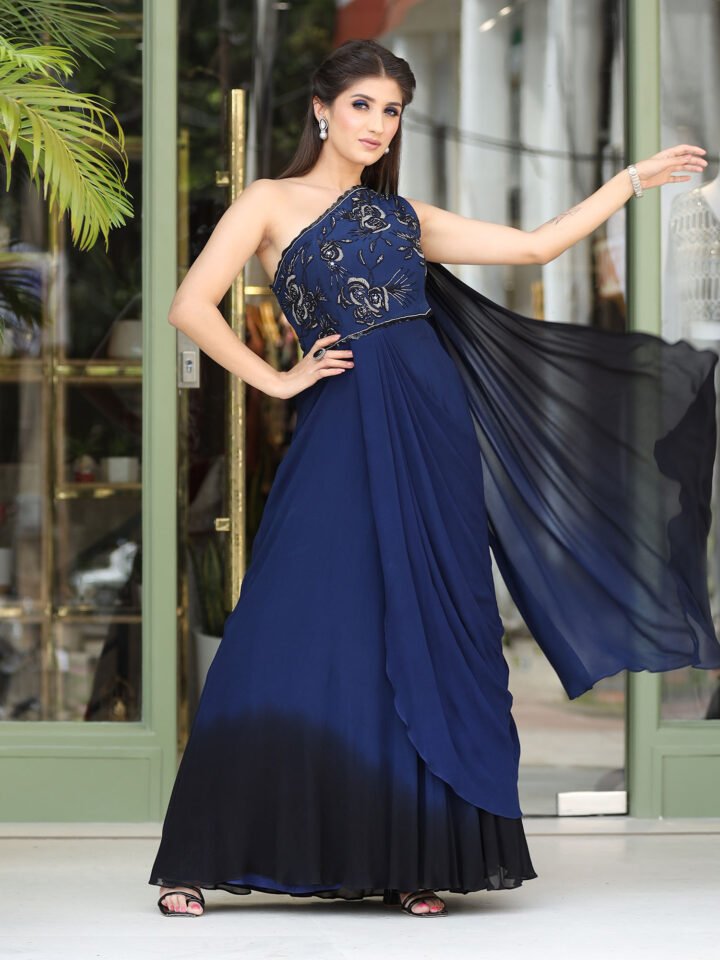 Off shoulder hand embroidred Saree drape Dress in Navy and black Ombray effect