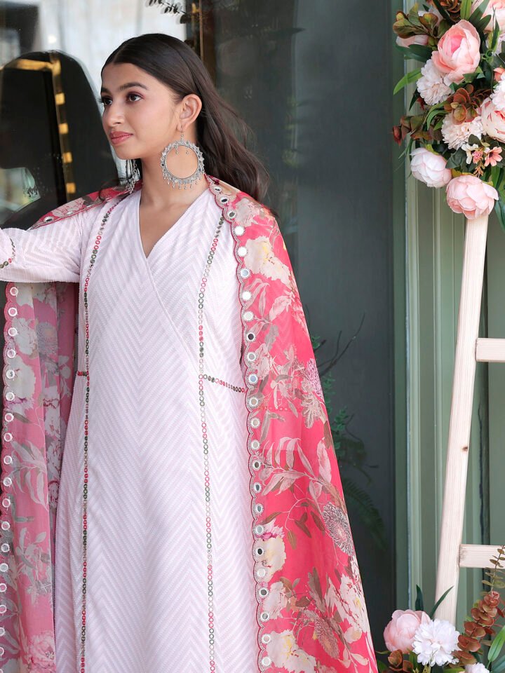 Cheveron pattern georgette suit with mirror embroiderd, paired with printed organza dupatta — alternate view 2