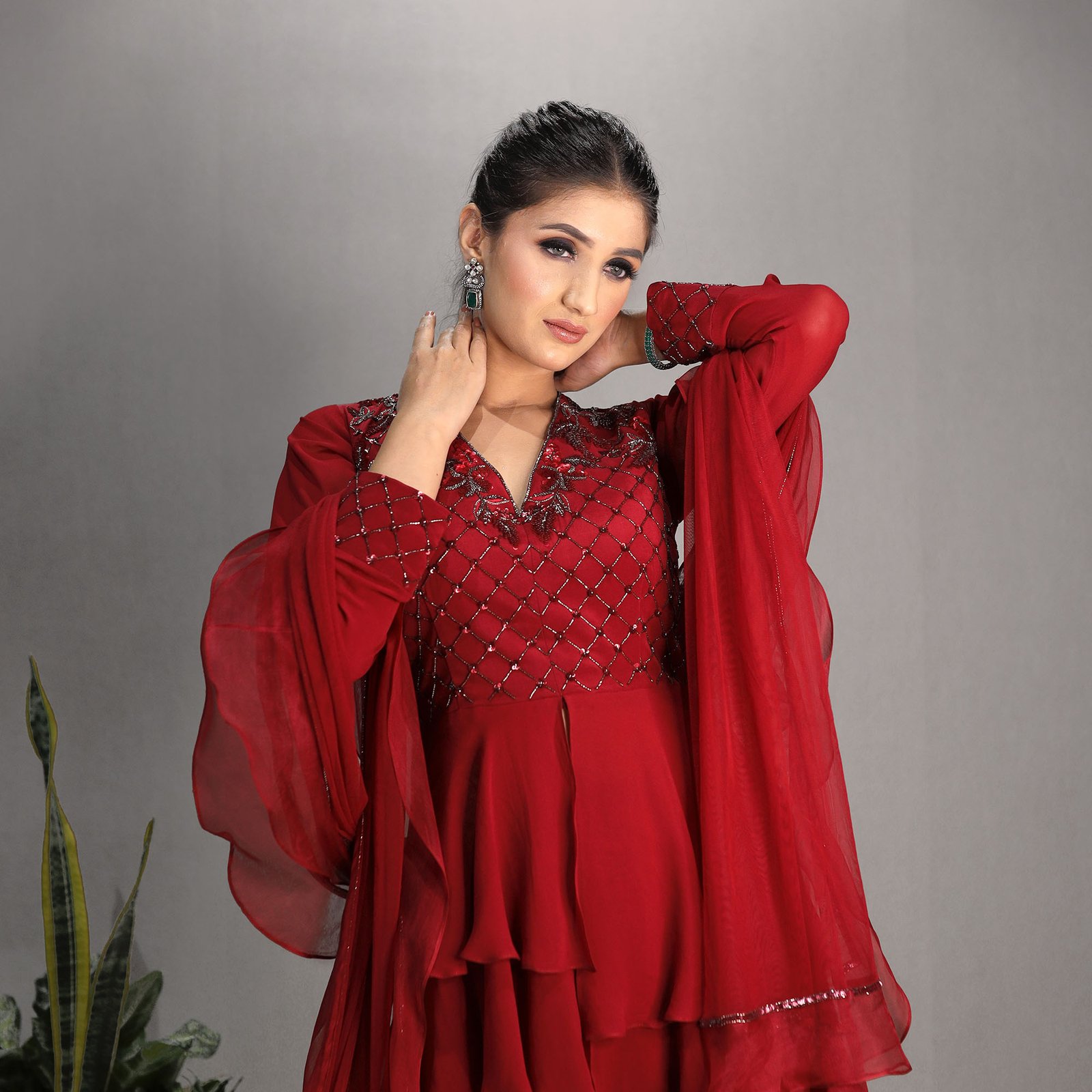 Red Layered peplum top with hand Embroidered yoke & our signature gharara bottom with a tulle & organza ruffled Dupatta — alternate view 4