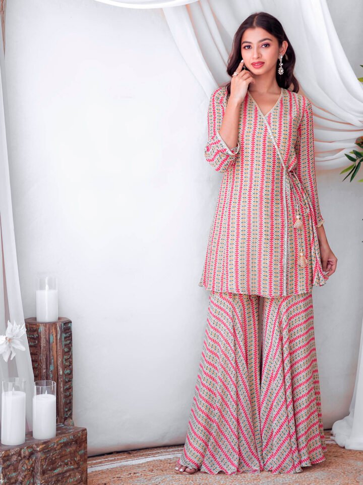 Printed angrakha kurta with bais cut gharara with delicate hand embroidery — alternate view 2