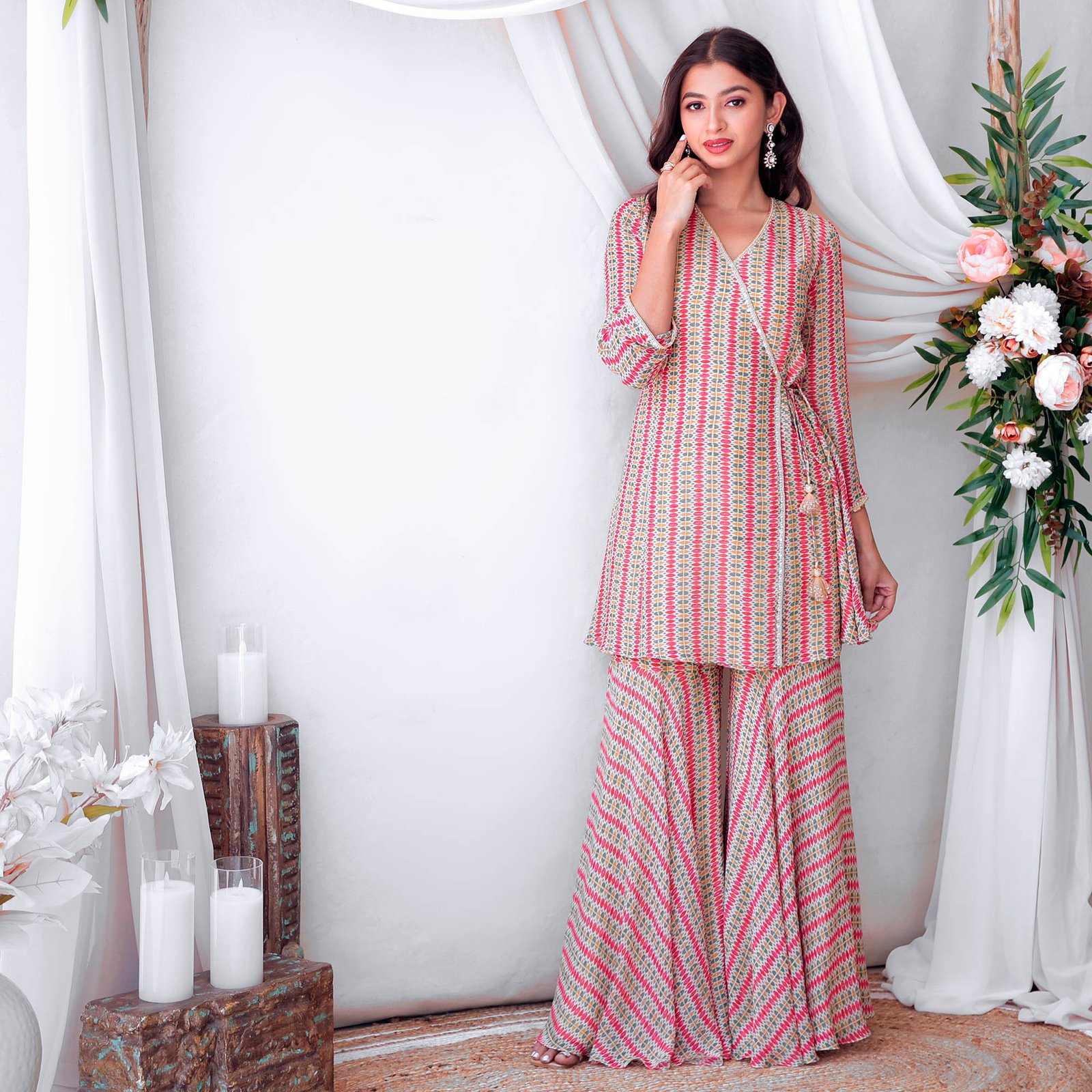 Printed angrakha kurta with bais cut gharara with delicate hand embroidery — alternate view 2