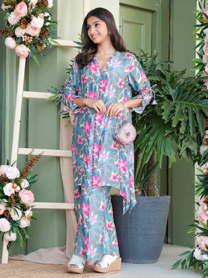 Printed Co-Ord with asymetrical hem line paired with bell bottom style pants — alternate view 2