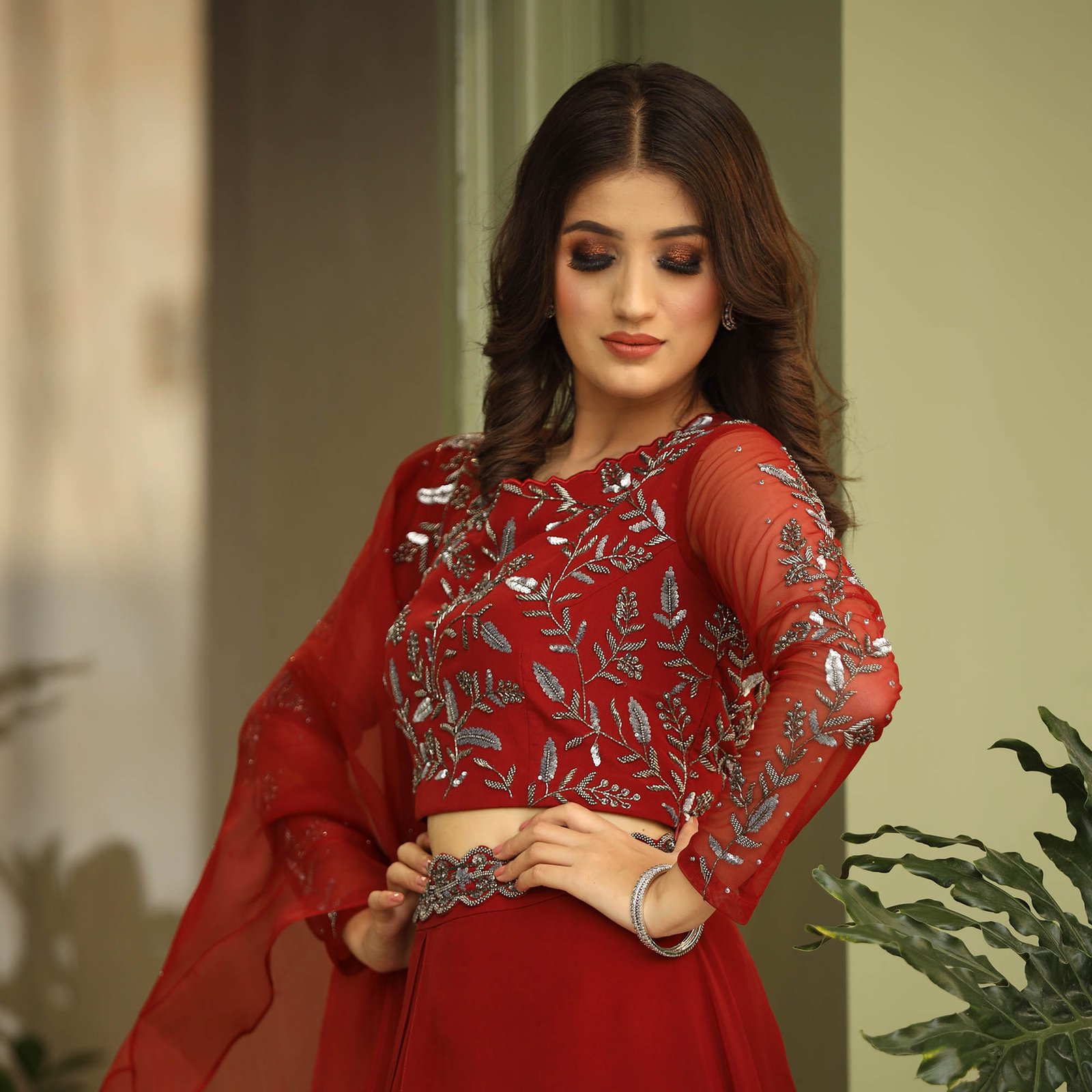 Layered Lehenga, blouse set in burnt red with Belt & ruffled organza dupatta — alternate view 4