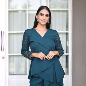 Teal Co-ord set, hand embroidered full sleeve with a two layer drape cut.
