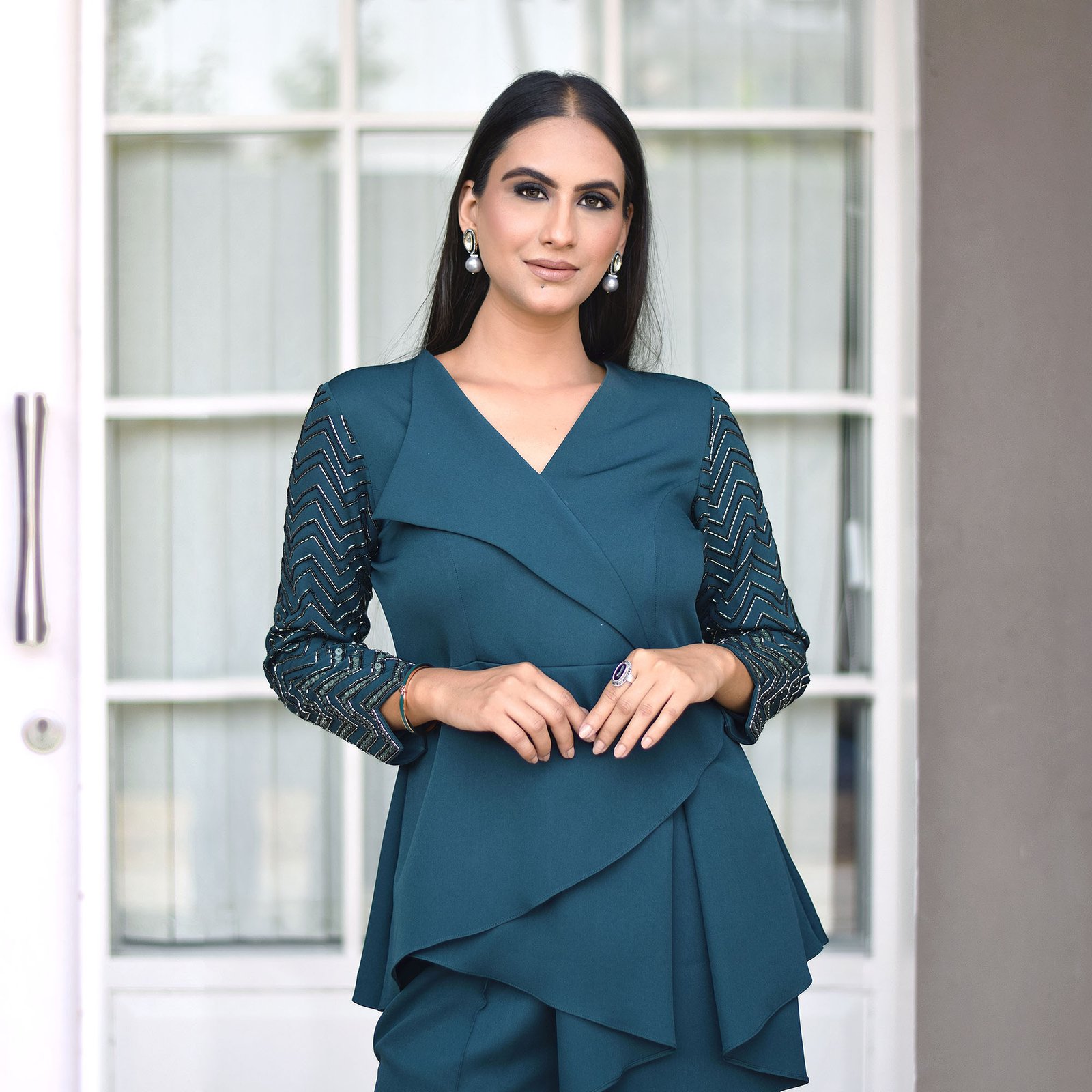 Teal Co-ord set, hand embroidered full sleeve with a two layer drape cut.