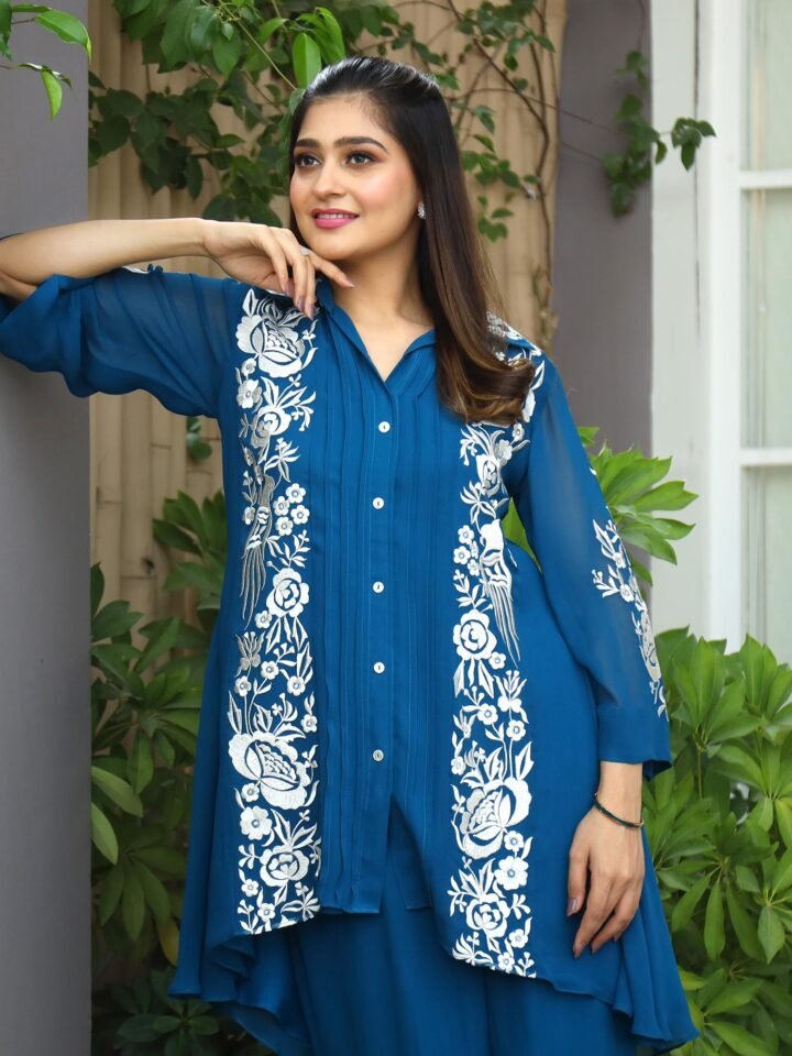 Royal Blue georgette tunic with thread embroidery detailing paired with georgette bell bottoms — alternate view 2