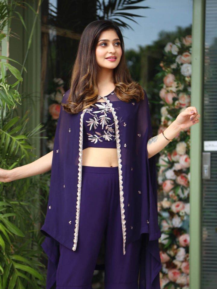 Organza Cape with hand embroidered detailing paired with a royal georgette hand embroidred bustier and flared pants — alternate view 2