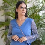 Ice Blue Co-ord set with hand embroidered Tulle Sleeves
