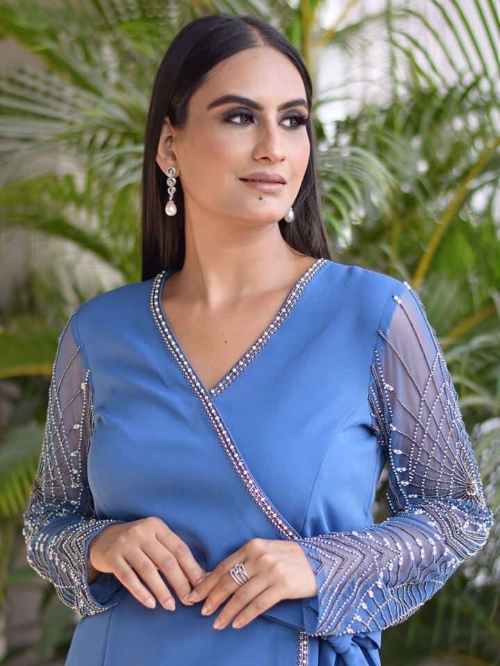 Ice Blue Co-ord set with hand embroidred Tulle Sleeves