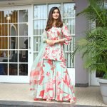 Printed suit with hand embroidered highlight & flared gharara & organza dupatta