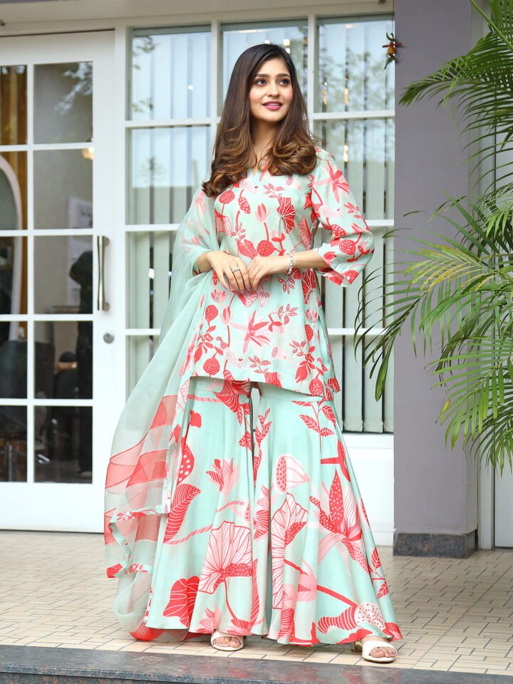 Printed suit with hand embroidered highlight & flared gharara & organza dupatta