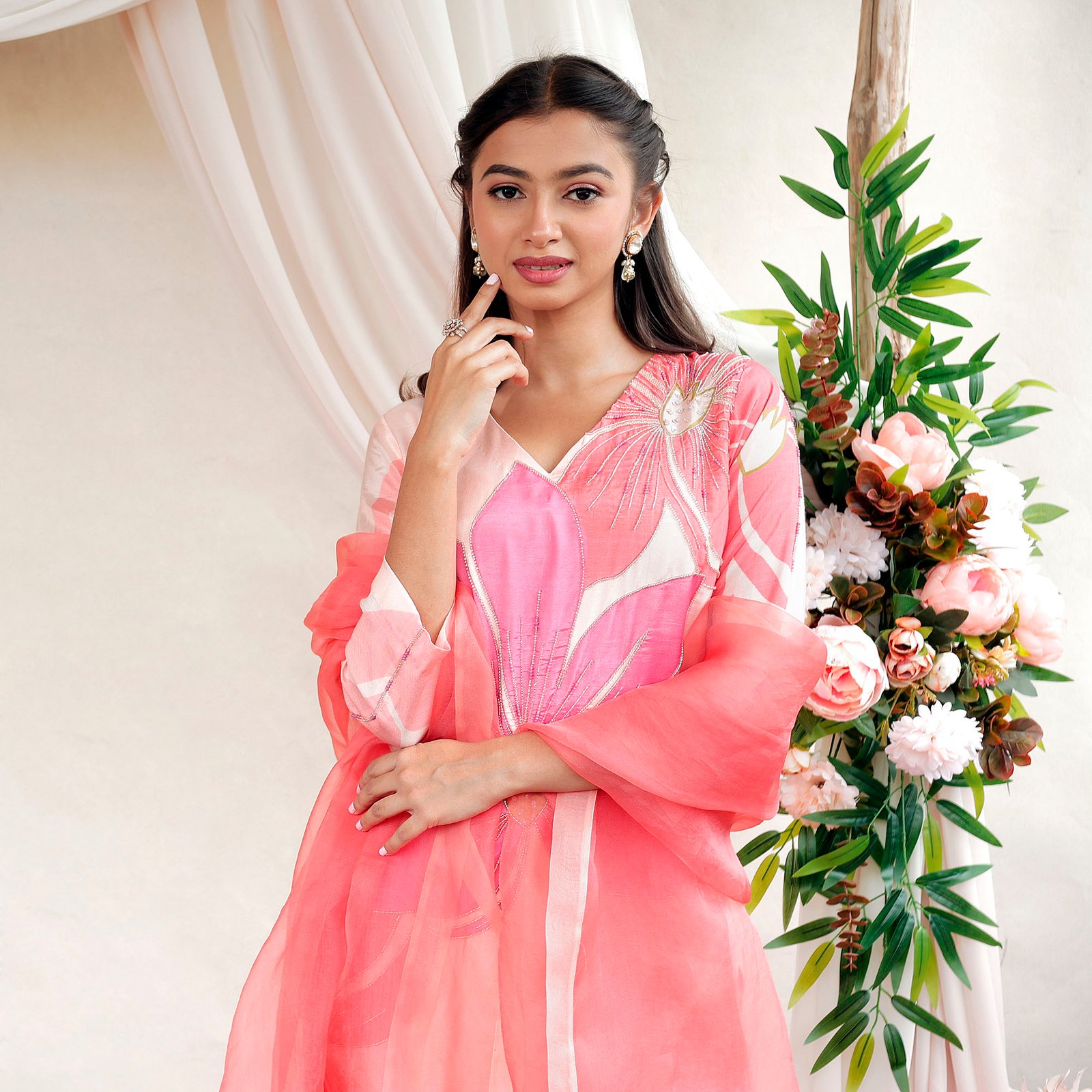 Printed suit with hand embroidered highlight details paired with layered gharara & organza dupatta — alternate view 3