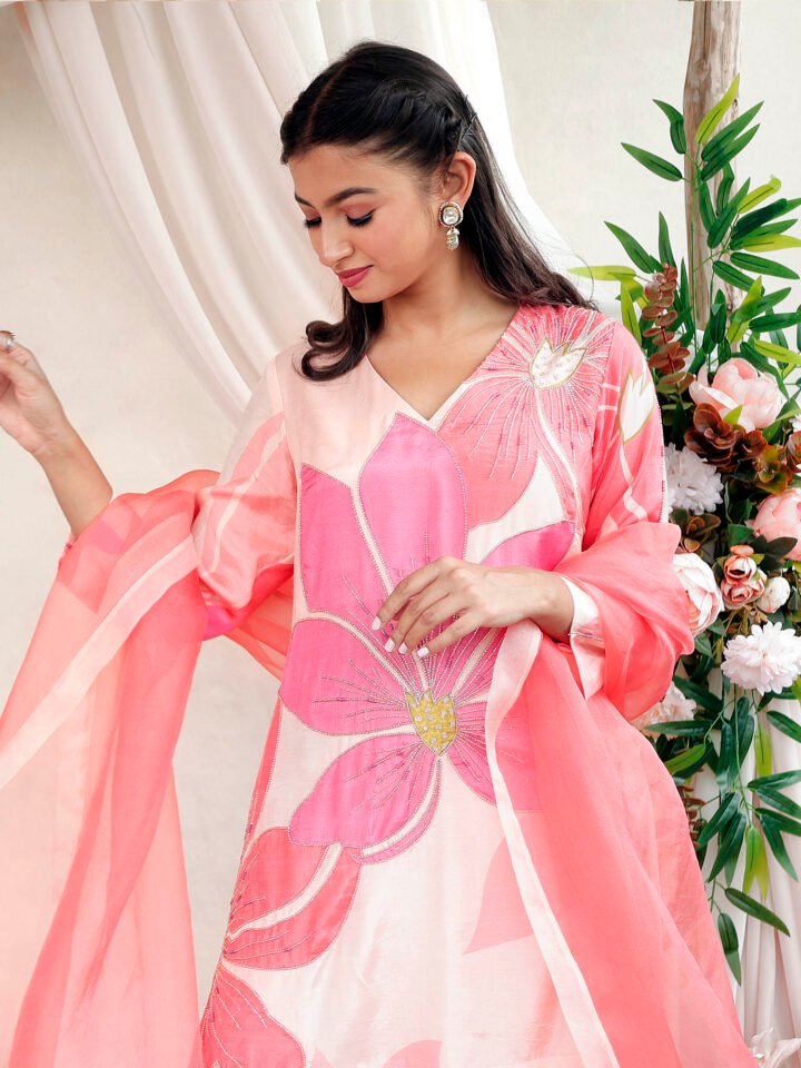 Printed suit with hand embroidered highlight details paired with layered gharara & organza dupatta — alternate view 2