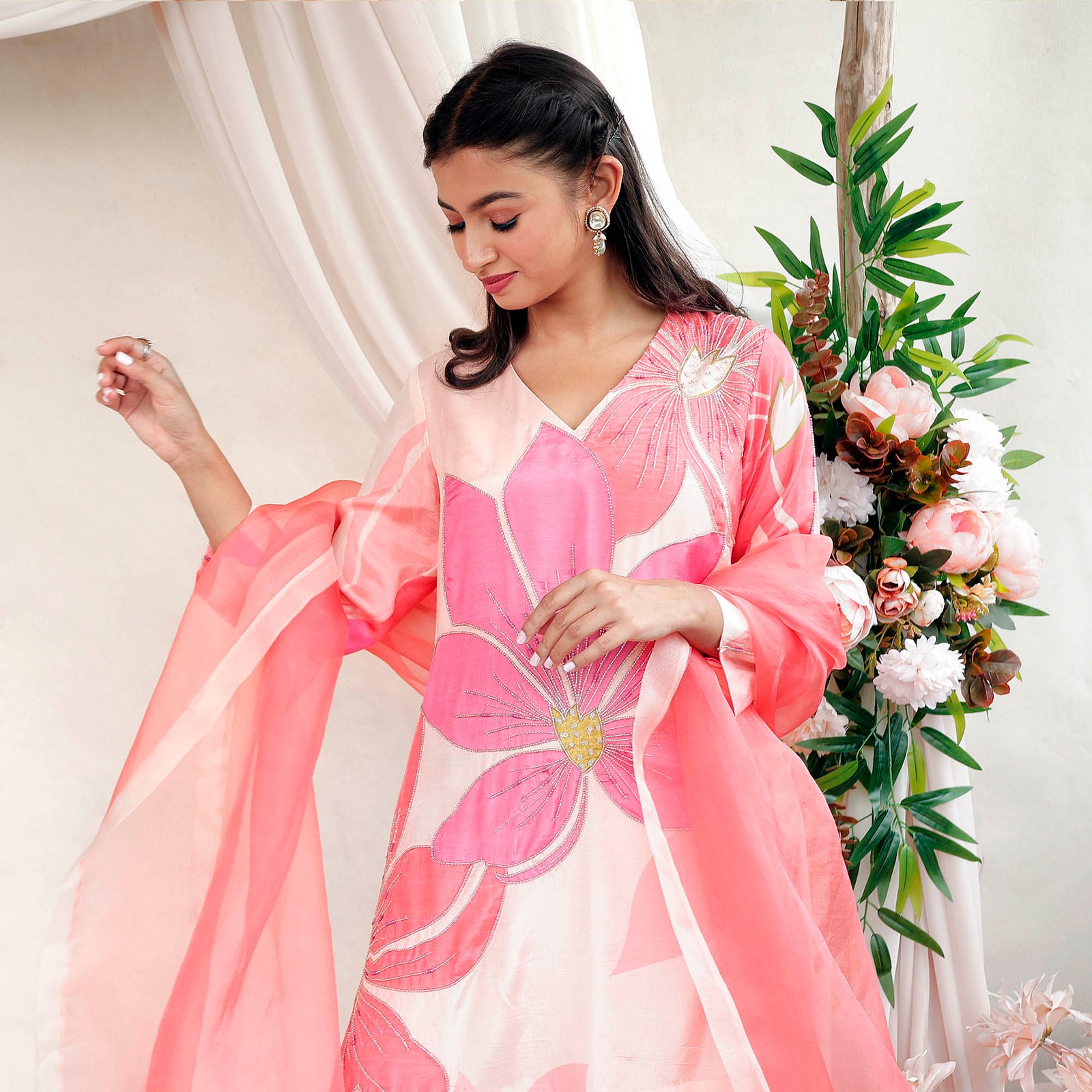 Printed suit with hand embroidered highlight details paired with layered gharara & organza dupatta — alternate view 2