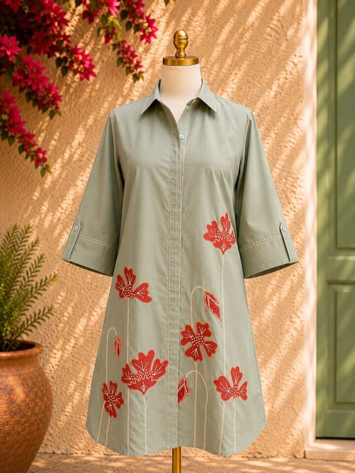 Olive Blossom Shirt Dress