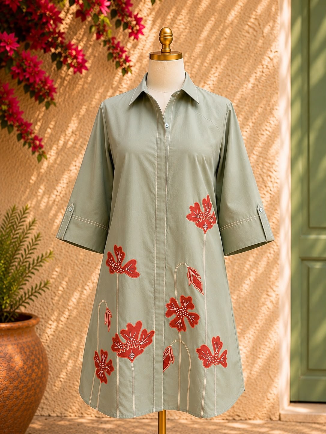 Olive Blossom Shirt Dress